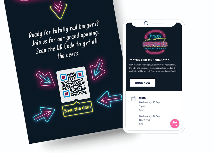 QR Code idea on a flyer with a landing page that promotes detailed event info with a save to calendar button